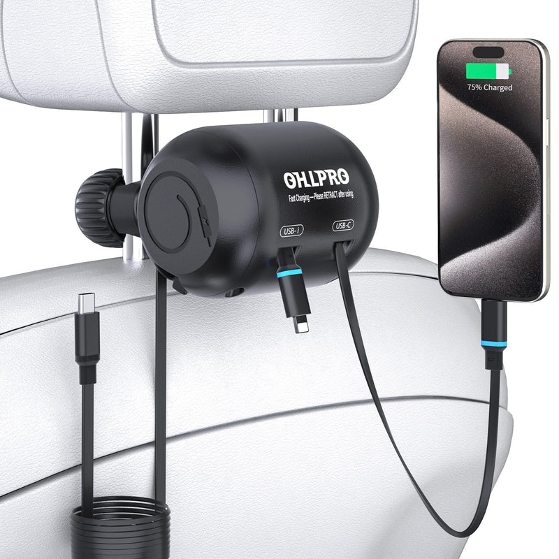 OHLPRO 2 in 1 Backseat Car Charging Station Box, 45W Fast Charge Multi Retractable Car Charger for Uber Chargers for Passengers, for iPhone/Samsung and Tablets - Headrest Bars Car