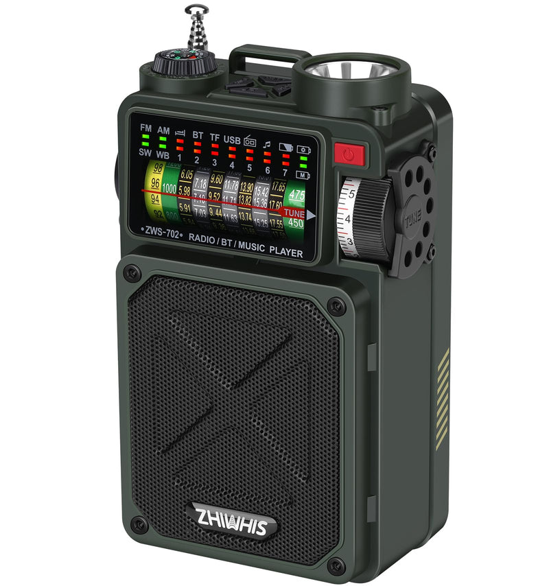 ZHIWHIS Shortwave Radio with Bluetooth, AM/FM/SW/WB Emergency Radios with NOAA Alerts, Hand Crank/Solar/4000mAh/White Noise/SOS/Bass/Rechargeable Retro Receiver with Preset, Support USB/TF ZWS-702