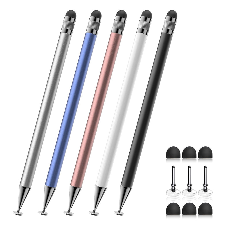 Stylus (5 Pcs), 2-in-1 Stylus Pen for Touch Screen, High Precision and Sensitivity, Suitable for iPhone/ipad/Android Tablets, Compatible with All Touch Screens (Black/White/Blue/Rose Gold/Silver) Silver/Blue/Rose Gold/White/Black