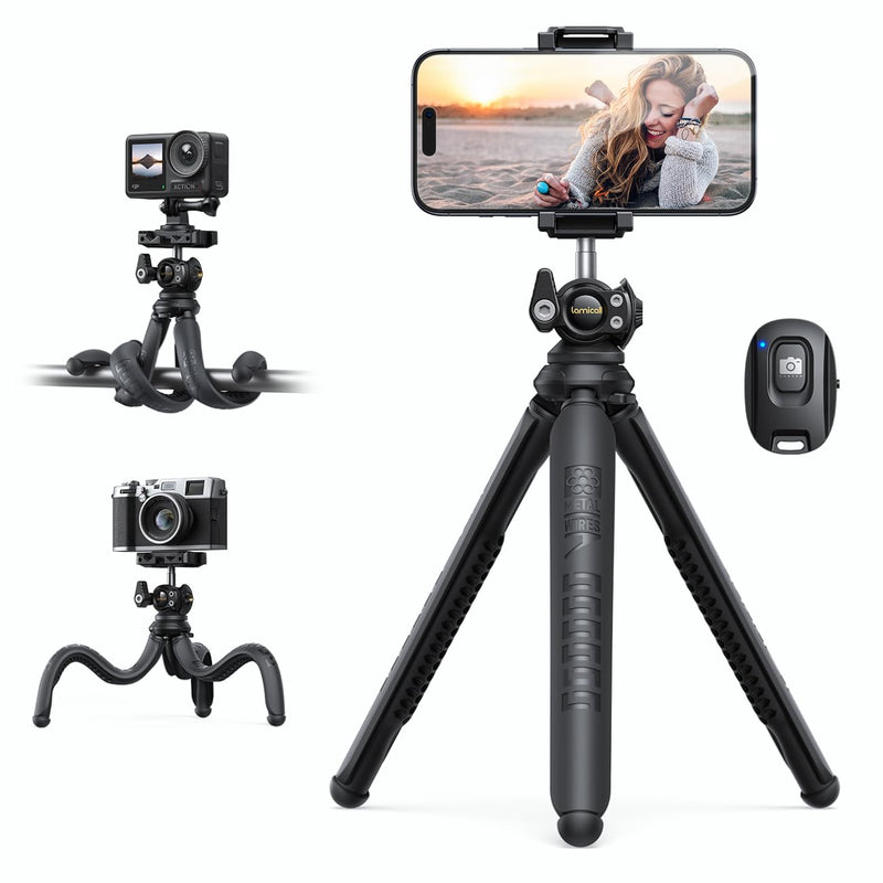 Lamicall Tripod for iPhone - 3 in 1 Flexible Phone Tripod with Wireless Remote - iPhone Tripod Stand for Video Recording Vlogging Selfie Compatible with iPhone Samsung Go Pro, Digital Camera Black
