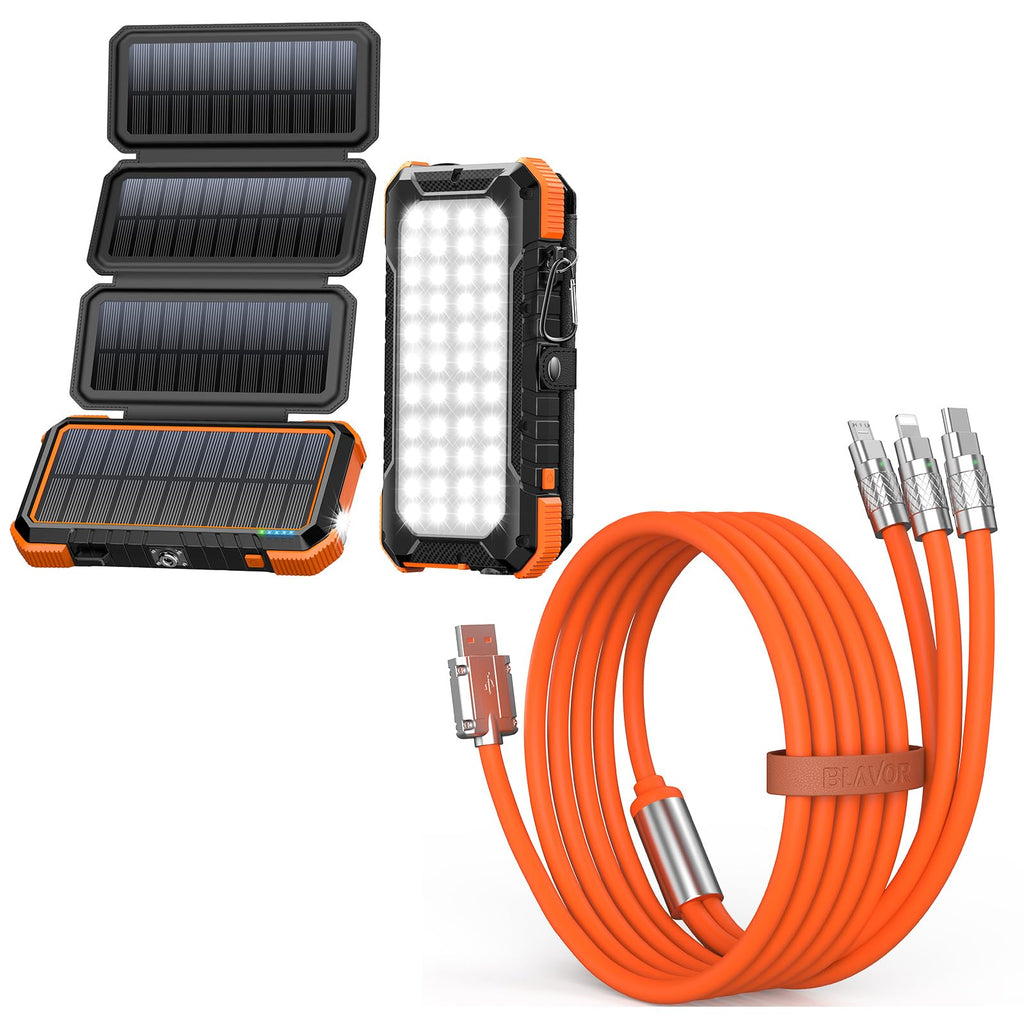 BLAVOR 20000mAh Solar Charger Power Bank PD 18W QC3.0 Fast Charging with 4 Foldable Panels (Orange) Plus 3 in 1 Multi Charging Cable 4FT
