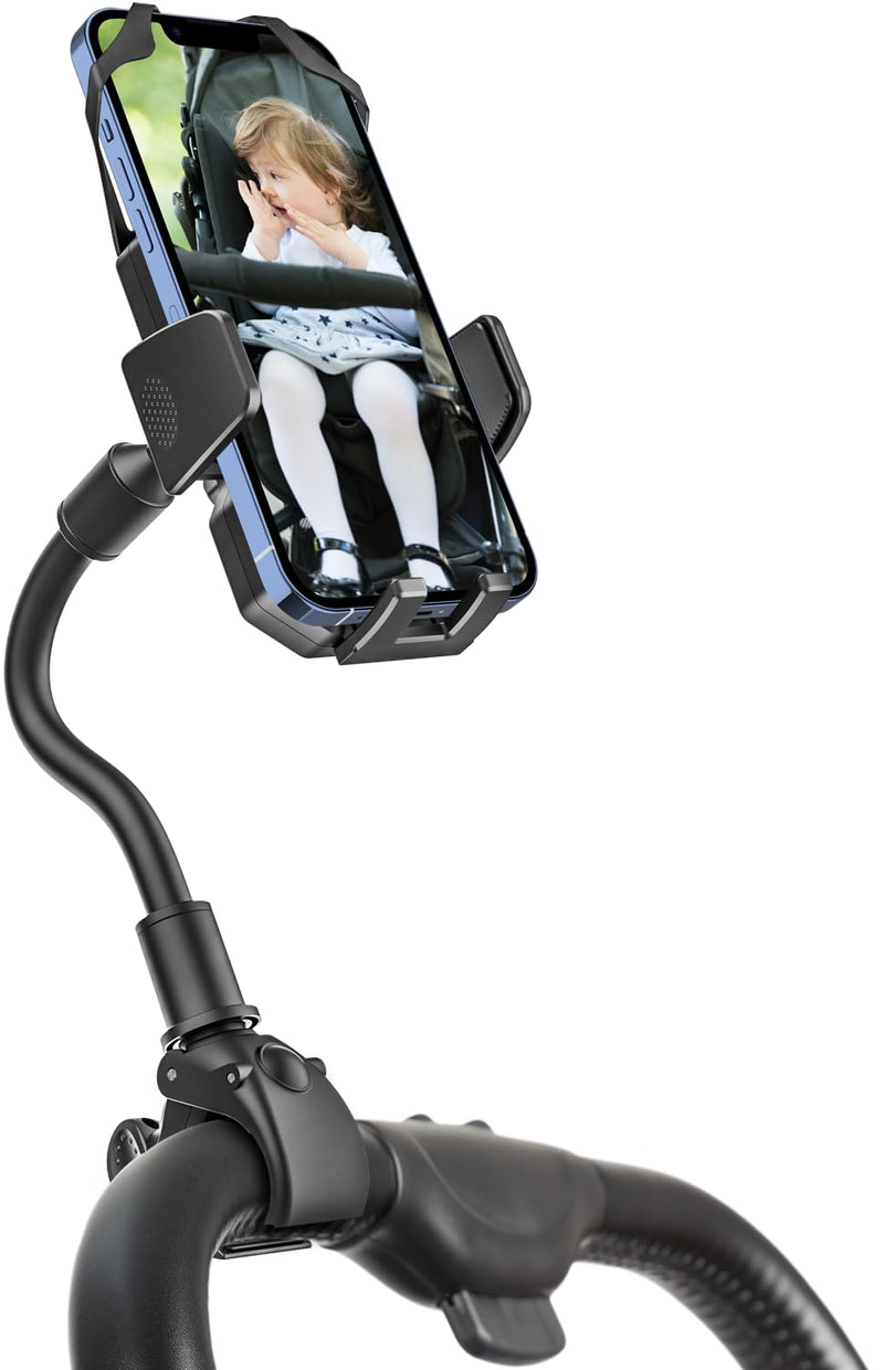 Gooseneck Stroller Phone Holder, Cell Phone Mount Pole Clamp for Baby Stroller, Shopping Cart, wheelchair, One Hand Operation Clip for iPhone Air 17 Pro Max 16 15 14 13 12 Plus, S25, 4-7" Smartphones
