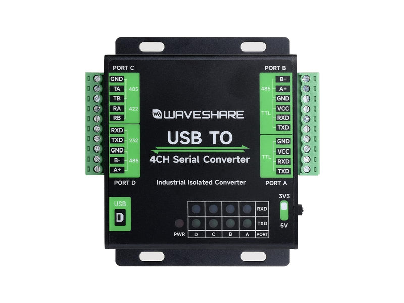 Waveshare Industrial USB to 4-Ch Serial Converter, Original FT4232HL Chip, Supports USB to RS232/485/422/TTL, Multiple Devices Applicable, Multi-OS Compatible