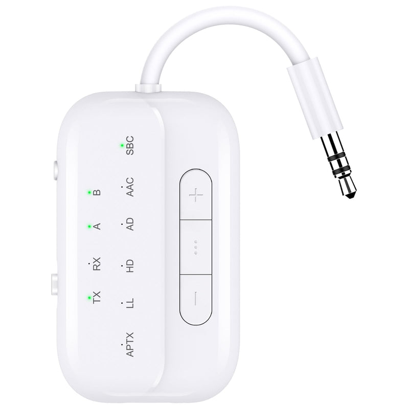 Bluetooth Transmitter Receiver,2-in-1 V5.3 Wireless Transmitter for Airplane,TV,PC,Gym,Switch. Supports up to 2 AirPods/Headphones. Bluetooth Receiver for Car/Home Stereo,with AptX Low Latency & HD White
