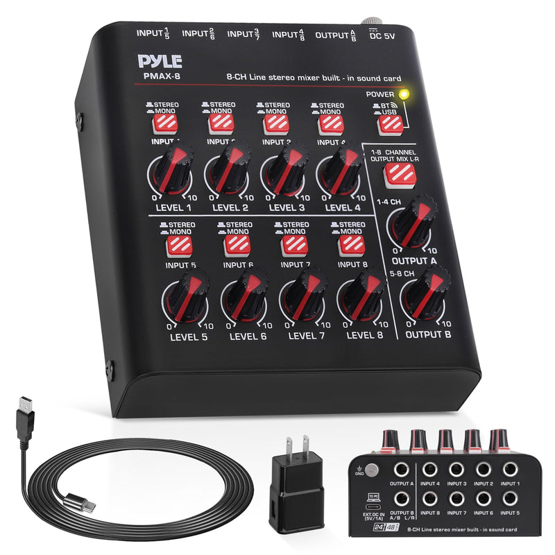 Pyle 8-Channel Wireless BT Streaming Mini Line Mixer with USB Audio Interface - 8 Mono/Stereo Switching Inputs | Ultra-low Noise Design with High Headroom | Built-in USB Sound Card - PMAX8
