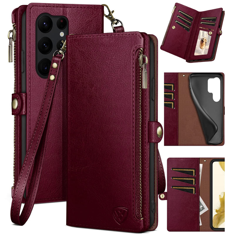 XcaseBar for Samsung Galaxy S24 Ultra Wallet case with Zipper Credit Card Holder RFID Blocking,Flip Folio Book PU Leather Shockproof Protective Cover Women Men Samsung S24Ultra Phone case Wine Red