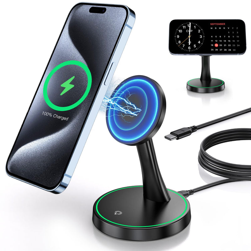 Magnetic Wireless Charger Stand 15W Fast Mag-Safe Charger for iPhone 15/15 Pro/15 Plus/15 Pro Max/14/13/12 Series Magnet Wireless Charging Station/Pad with Sleep-Friendly Light for AirPods 3/Pro/Pro 2 Black