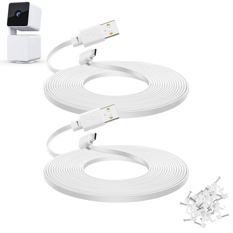 2-Pack 30 ft Extension Cable for WYZE Cam Pan V3 Outdoor Camera, Micro USB 90 Degree Power Adapter, Flat Cord, White 2