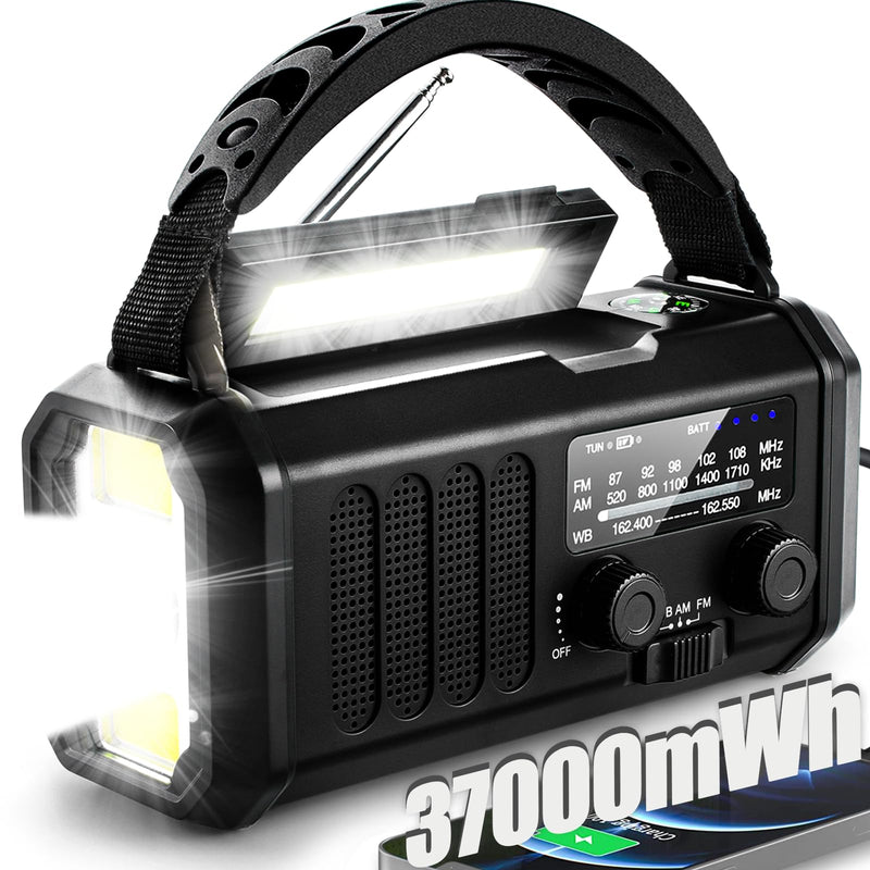 QAUYYW10000mAh/37000mWh Emergency Hand Crank Radio AM/FM with LED Flashlight Solar Radio, Portable Weather Radio, Emergency Cell Phone Charger for Family Outdoor Camping and Emergency Rescue Us Black