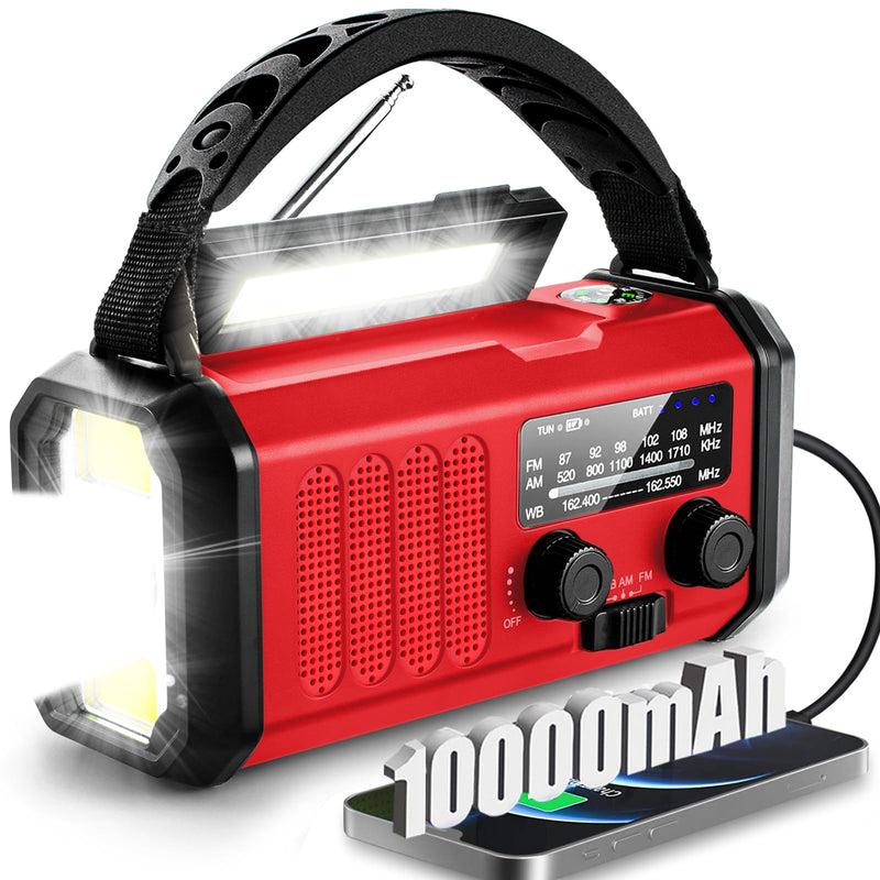 Emergency Weather Radio, 10000mAh /37000mWh Crank Radio, Portable NOAA/AM/FM Weather Radio, Reading Light, Solar Radio, SOS Emergency Flashlight, Multiple Power Sources,for Hurricanes and Emergencies Red