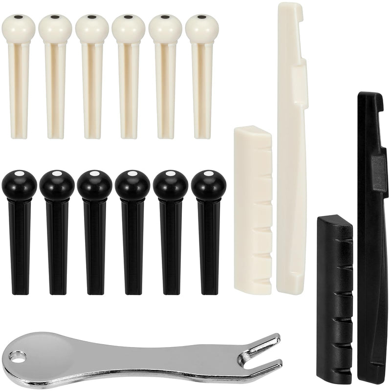 12 Pcs Acoustic Guitar Pins Acoustic Guitar Bridge Pegs 2 Sets of Saddle and Nut & 1 Remover Tool Guitar Replacement Parts