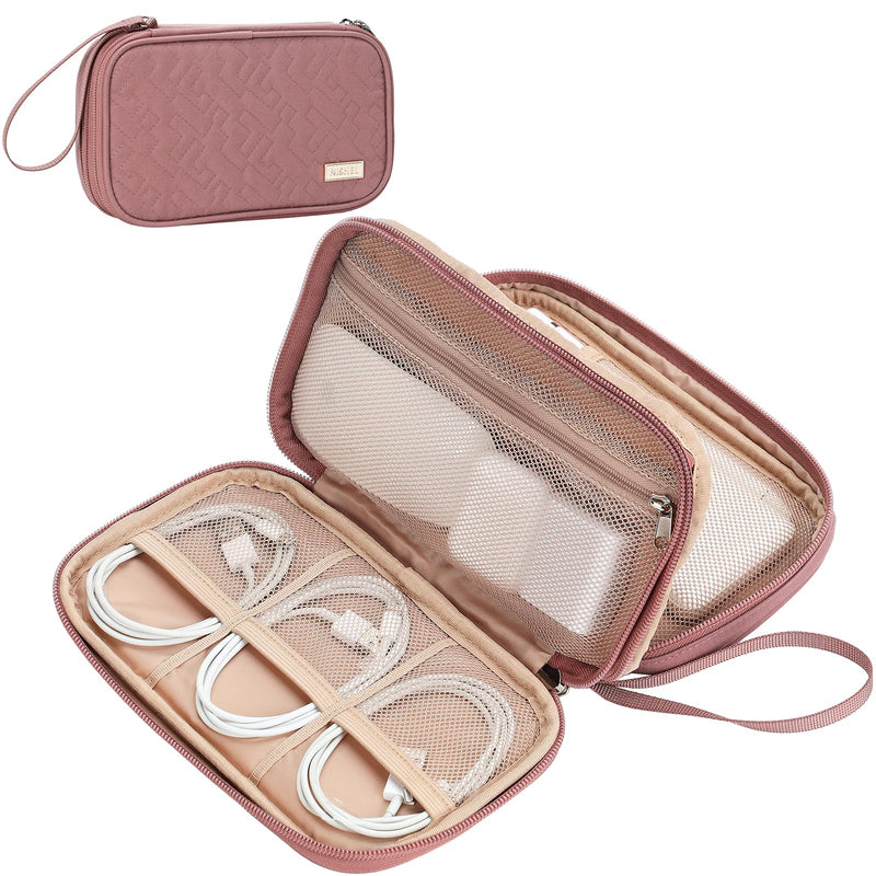 NISHEL Travel Cord Organizer Case, Double Layers Tech Electronic Case, Travel Essentials for Charger, Cable, Phone, Flash drive, Rose-wood Pink Double layer