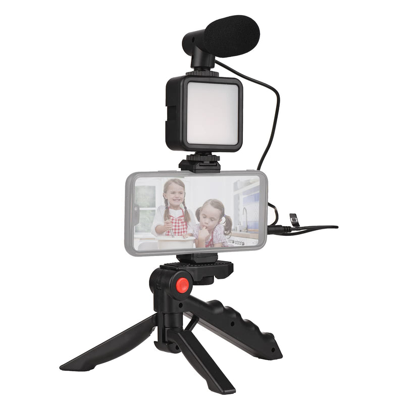Mini Smartphone Vlog Kit with LED Video Light, Cardioid Microphone, Extendable Phone Clip, Adjustable Brightness Tripod for Live Streaming, Vlogging, Video Conferencing & Selfies