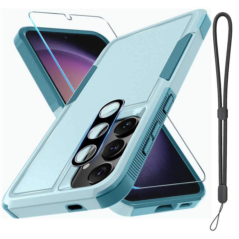 for Samsung Galaxy S24 Plus Case, Full Body Heavy Duty Rugged Shockproof Protective Phone Cover with Lanyard Strap, Tempered Glass Screen Protector and Camera Lens Cover, Mint Green Samsung S24 Plus(6.7 inch)