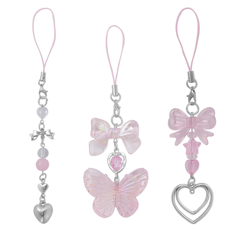 Cute Y2K Phone Charm Aesthetic Phone Charms Accessories Cute Phone Lanyard String for Bag Purse Backpack Airpods Pendants Decor 3x Pink Butterfly Heart