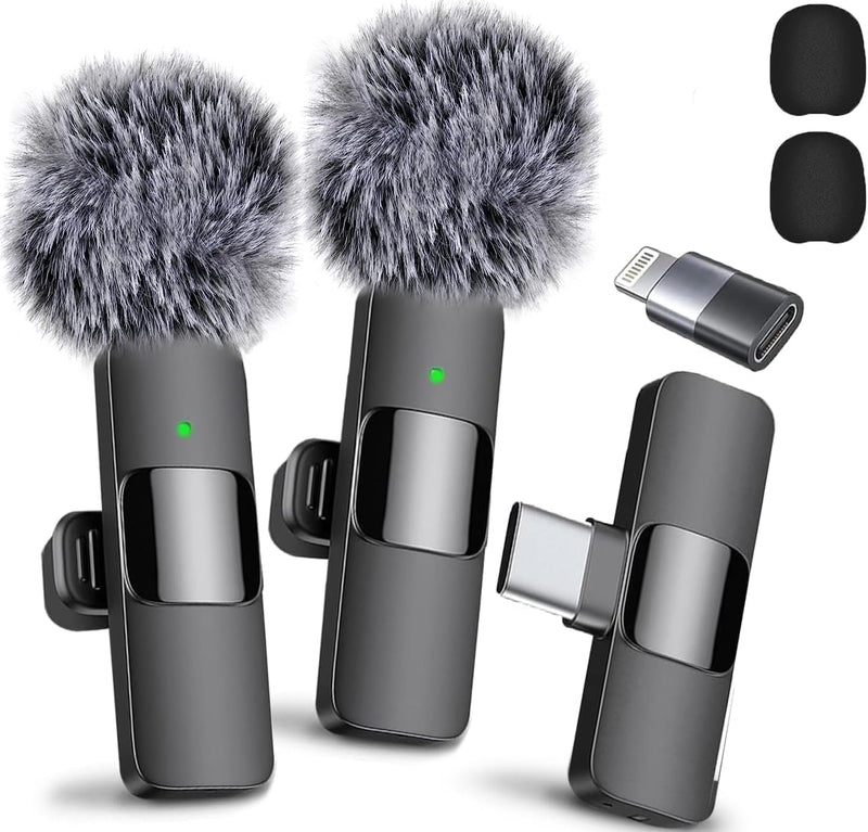 [AUSTRALIA] - Wireless Microphone for iPhone, iPad, Android, Lavalier Microphone for Video Recording - 2 Pack iPhone Mic Crystal Clear Recording with USB-C for Podcast Microphone, ASMR, TikTok Black 