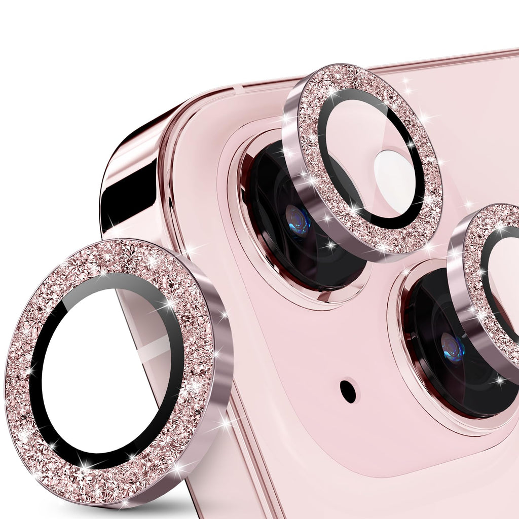 imluckies Camera Lens Protector for iPhone 15 / iPhone 15 Plus Bling Pink, Anti-Scratch HD Tempered Glass with Aluminum Alloy Edge, Shiny Not Effect Shooting, Bright Pink Glitter Pink