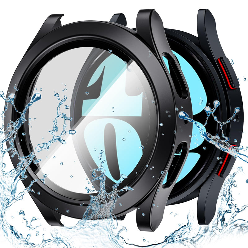 Goton Waterproof Case for Galaxy Watch 6 Screen Protector 44mm, [No Fog] Tempered Glass Face Cover for Samsung Watch 6 Accessories 44 mm Black Galaxy Watch6 - 44mm