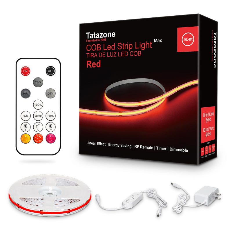 Tatazone 16.4ft Red COB Led Strip Lights with RF Remote, Dimmable Bright Dotless Adhesive Indoor Led COB Light Strip for Cabinet, Painting, Room, Bed