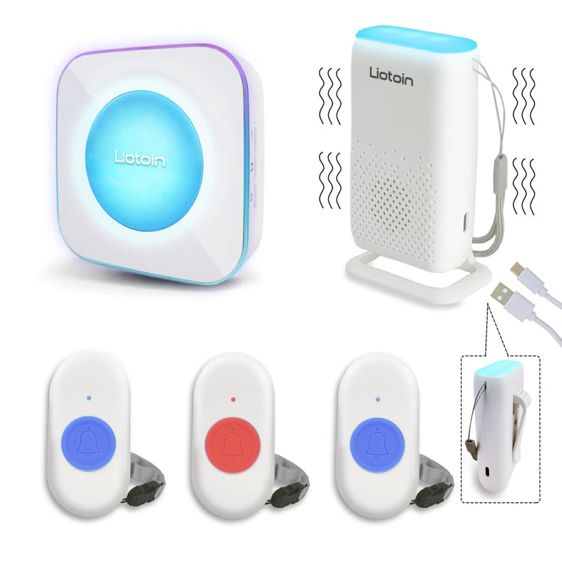Wireless Caregiver Pager Call Button Alert Button Call Bell for Elderly Patients at Home Nurse Alert System 3 Waterproof Transmitters 1 Portable Receiver 1 plugin Receiver……… 3 Transmitters + 2 Receivers