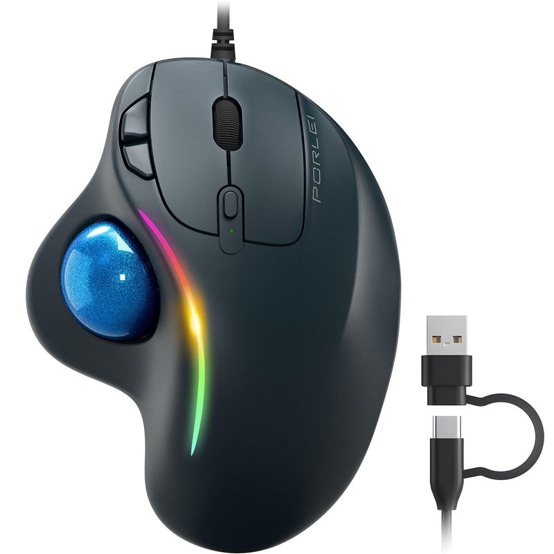 Wired Trackball Mouse with RGB Lighting, Ergonomic Thumb Control to Reduce Muscle Strain, 5 Adjustable DPI, Dual USB-C & USB-A Connectivity, Compatible with PC, Laptop, Mac, Windows-Blue A-Blue