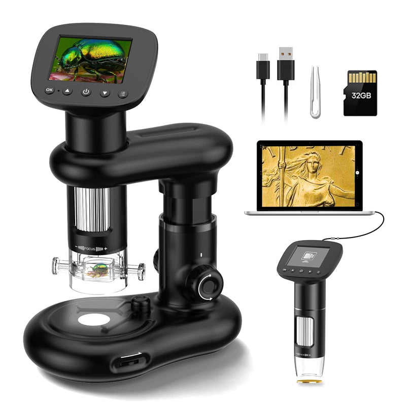 [AUSTRALIA] - Kids Microscope for Ages 8-12, Handheld Digital Microscope D-MS1 with 2" IPS Screen - Take Pictures & Videos - Download to PC & Mac - 1000X Pocket Microscope, Used Birthday for Kids black with stand 