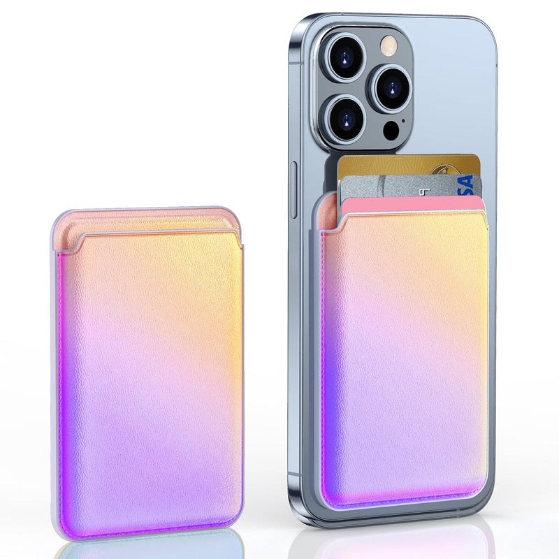 Magnetic Cell Phone Card Holder, Latest Rainbow Mag-Safe Card Wallet, RFID Blocking Phone Wallet for Women, Cell Phone Card Sleeves for Back of iPhone 15/14/13/12, Rainbow Purple