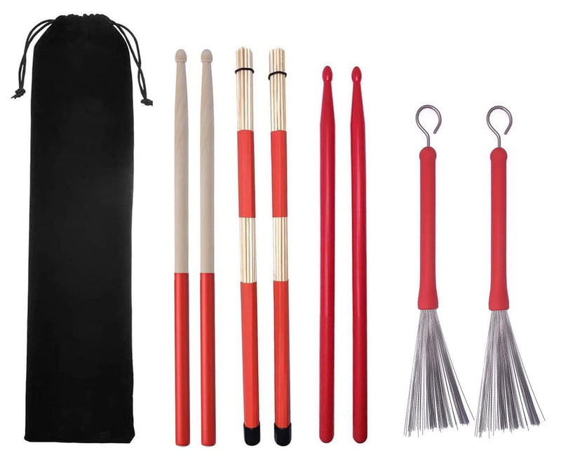 Drum Sticks Set 1 Pair Classic Wood Drum Sticks 1 Pair Nylon Drum Sticks 1 Pair Retractable Drum Wire Brushes and 1 Pair Rods Drum Brushes set for Rock Band, Jazz Folk Drummer Playing (Red) Red