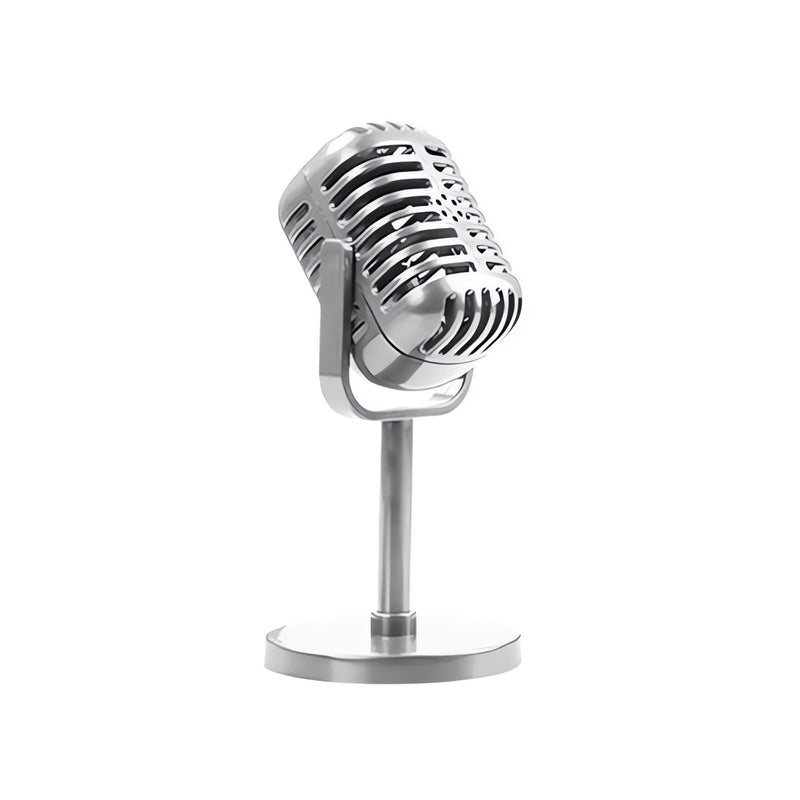 Retro Microphone Prop Model, Vintage Microphone Table Decor with Stand, Fake Mic Costume Toys, Antique Microphone Props for Party Favors, Kids Role Play, Jukebox Decorations Silver