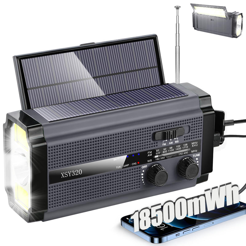 Emergency Crank Weather AM/FM Radio with 2 Solar Panels 5 Charging Modes NOAA Weather Scan 3 Modes Flashlight Cell Phone Charger SOS Alarms for Home Outdoor (Gray) Gray