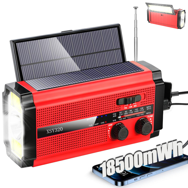 [AUSTRALIA] - Emergency Crank Weather AM/FM Radio with 2 Solar Panels Weather Radio Portable Radio, 5 Charging Modes SOS Siren 3 ModesFlashlightCell Phone ChargerReading Light (Red) Red 