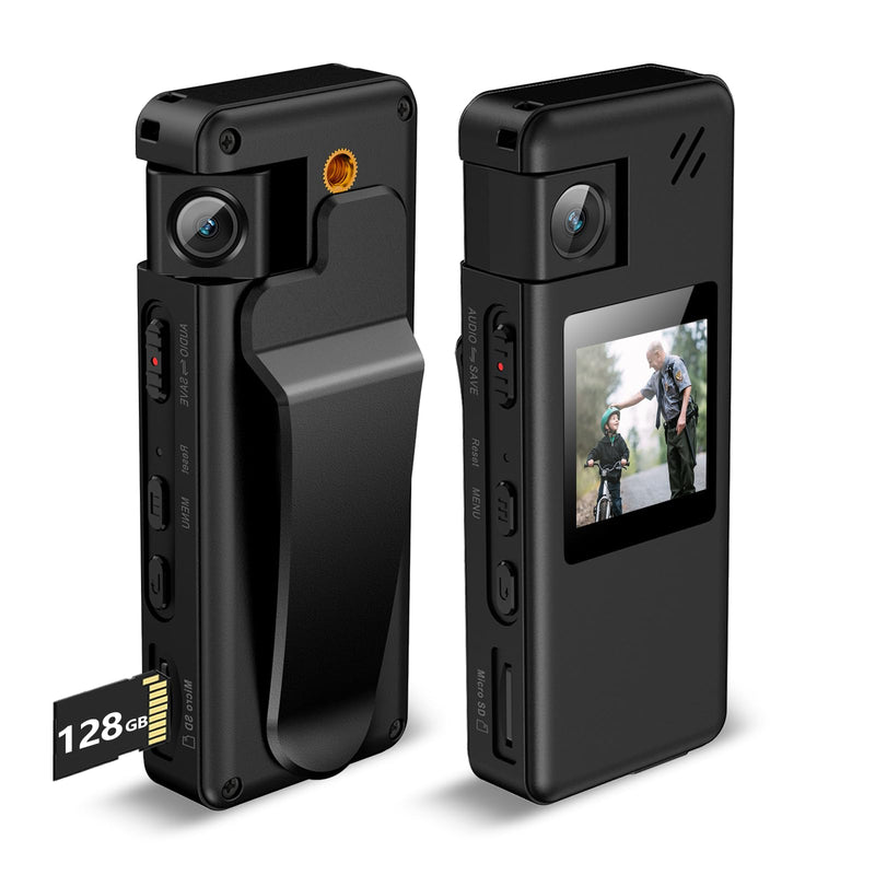 128GB Body Camera, Wearable HD Body Cam with 180° Rotatable Lens and Upgraded Back Clip, Body Camera with Audio and Video Recording for Law Enforcement, Delivery, Indoor