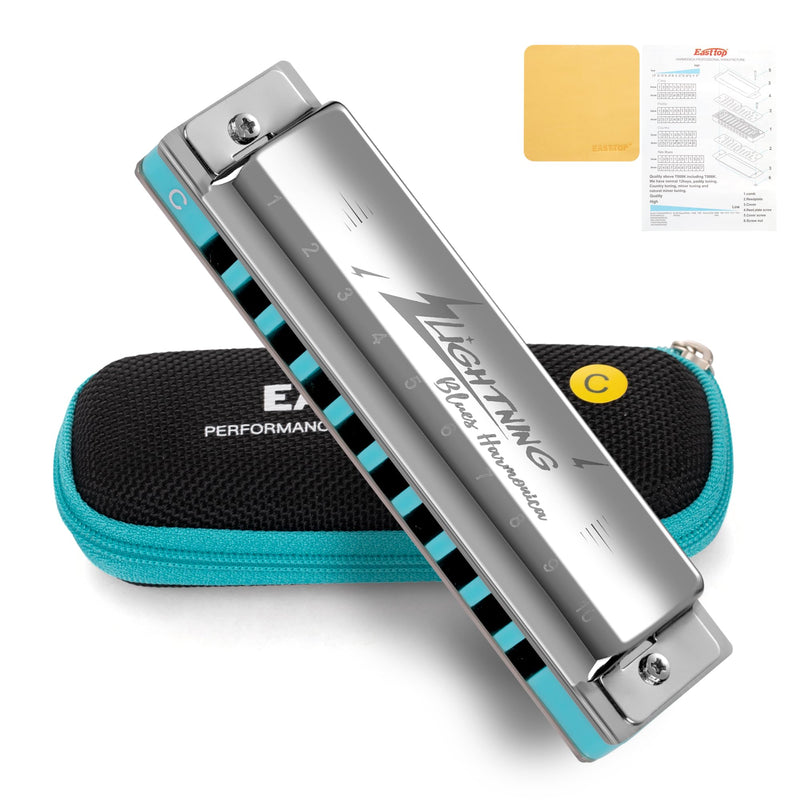 [AUSTRALIA] - East top Lightning Harmonica, Advanced Diatonic Harmonica Key of C, 10 Holes Mouth Organ Harmonica with Silver Cover, Blues Harmonicas For Adults, Professionals and Students silver-C 