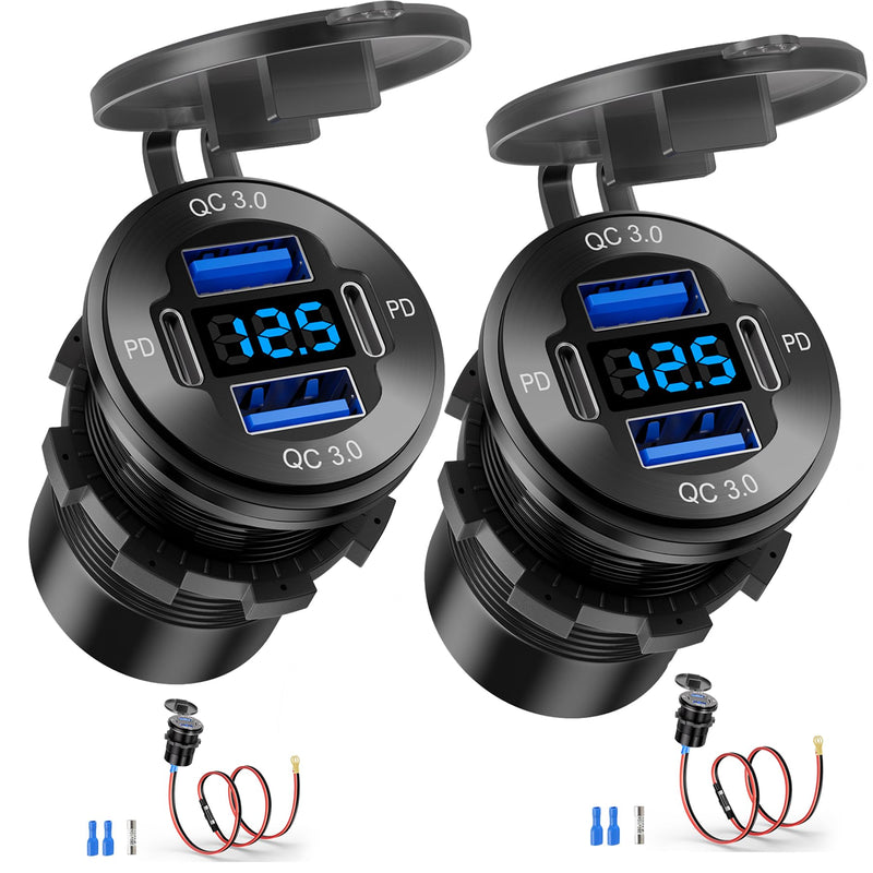 2 Pack 12V USB Outlet 4 Port Car Boat Marine Charger Voltmeter | 2 USB‑C PD & 2 USB‑A QC3.0 fast charging, aluminum flush mount, waterproof, 12V/24V for RV Truck Golf Motorcycle 2PD+2USB(2Pack)