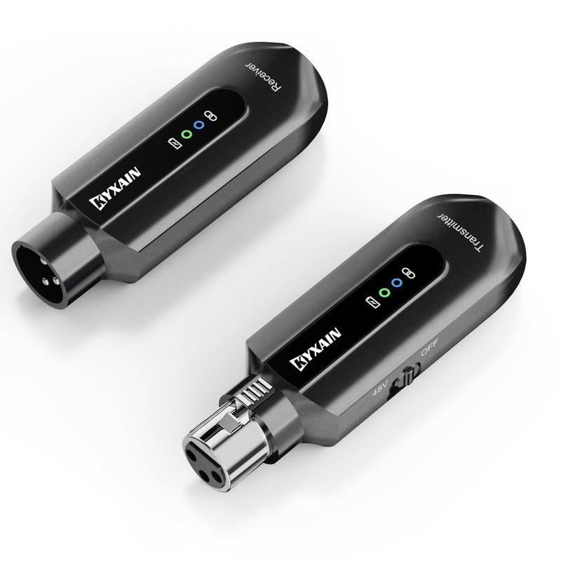 Wireless Microphone Transmitter Receiver 2.4GHz, Wireless Microphone Adapter Rechargeable XLR Transmitter Receiver for Mixer PA Speaker DSLR Camera, 48V Phantom Power for Condenser Mic Black
