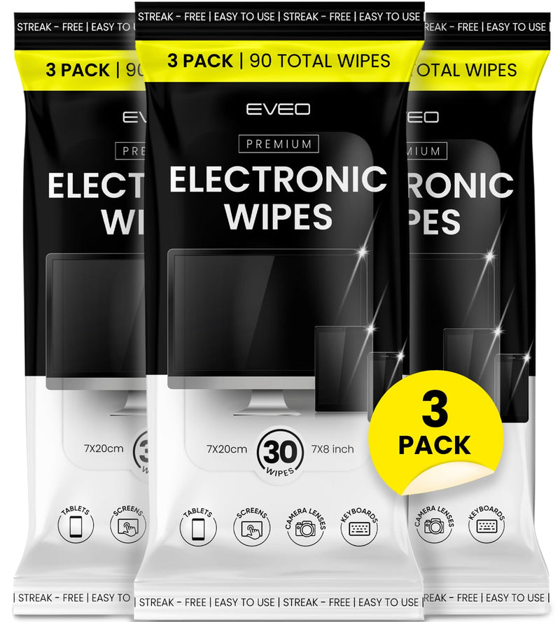 [AUSTRALIA] - EVEO Electronic Wipes Screen Cleaner-TV Screen Cleaner Wipes, Computer Screen Cleaner, Laptop Screen Cleaner, ipad & Monitor Cleaner, TV Cleaner Screen Cleaning Wipes - [90 Wipes + Microfiber Cloth ] 3 pack (90 wipes) 