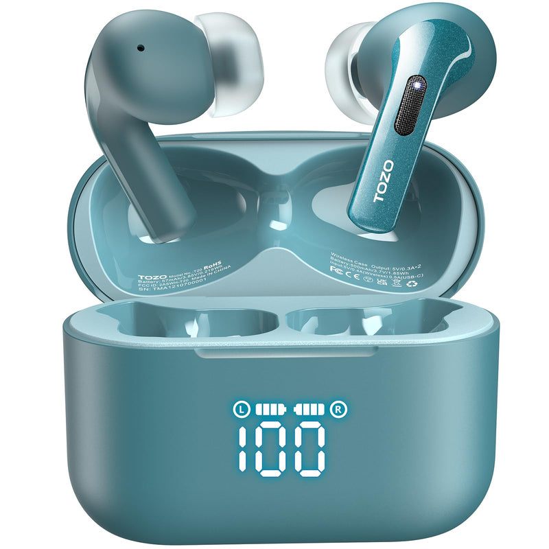 TOZO T20 Wireless Earbuds 97H Playtime, Wireless Charging LED Display Case | 10mm Deep Bass Sound, Dual Mic ENC Clear Calls, IPX8 Waterproof, Bluetooth 5.3, Comfortable Fit Ear Buds For Daily Use, Green