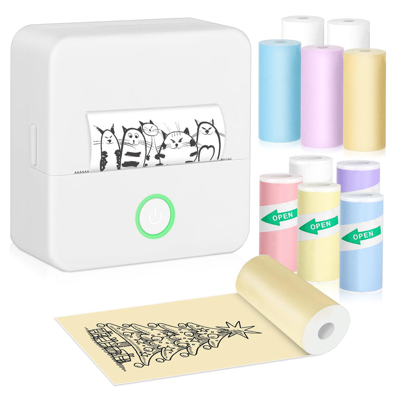 Mini Printer, Portable Thermal Printer with 10 Rolls Paper, Sticker Printer Machine, Study Printer for Notes, Photos, Journals, DIY, Mini Pocket Printer Compatible with Android & iOS 1 White Printer & 10 Rolls Paper