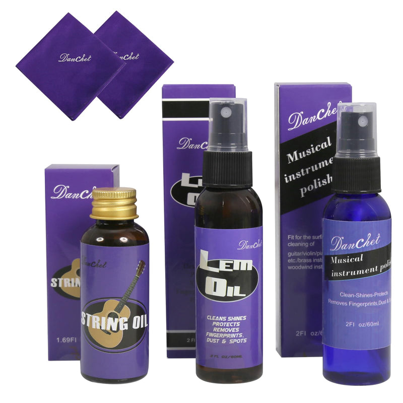 Deluxe Guitar Cleaning and Maintenance System 3-Piece Kit: Lemon Oil, Polish, and Guitar String Oil - Guitar Cleaning Kit - for cleaning, polishing, and protection of guitars.