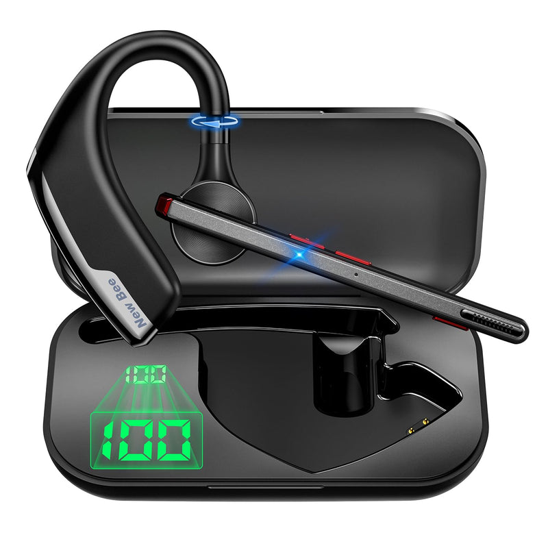 New Bee Bluetooth Headset, Wireless Bluetooth Earpiece for Cellphone with 500mah Charging Case 80h Playtime V5.2 Dual Mic Noise Cancelling Hands-Free Earphones for Office Driver 2 PACK