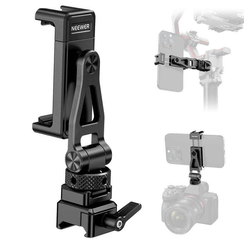 NEEWER Metal Phone Tripod Mount with Cold Shoe NATO Clamp Compatible with DJI RS5 RS4 RS3 Pro RS2 RSC2 Gimbal Stabilizer, 180° Tilt Phone Clip Holder Compatible with iPhone 15 Pro Camera Cage, GA010 GA010 with Nato Clamp
