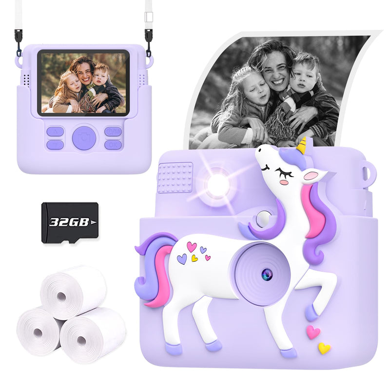 [AUSTRALIA] - Kids Camera Instant Print, 1080P Cameras for Kids Girls Toys Age 6-8, Christmas Birthday Gift for 7 8 9 10 Year Old Girls, Kids Toys for Girls Age 3-12 with 3 Rolls Paper and a 32G Card-Purple Purple 