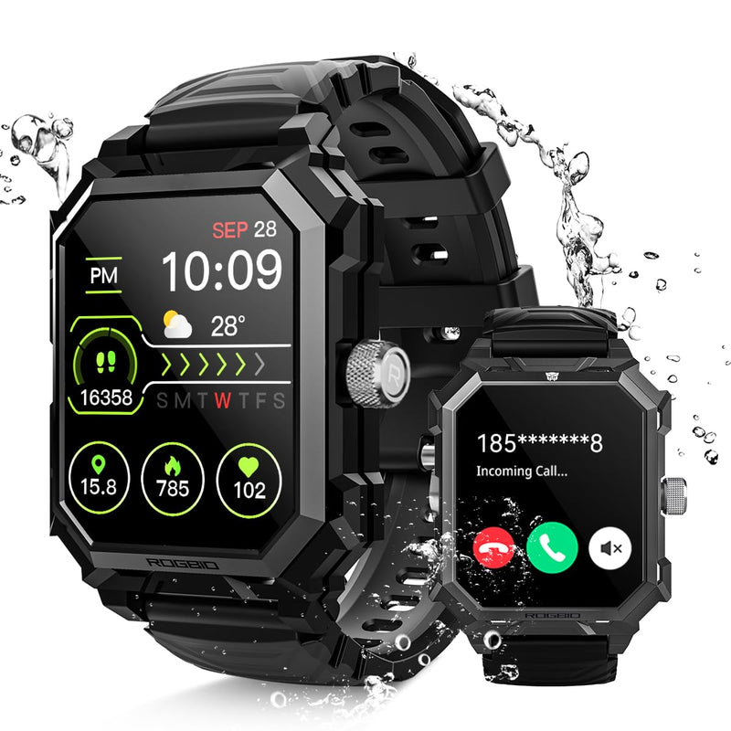 Rogbid Military Smart Watch for Men | Answer/Dial Call, 680mAh Battery, IP69 Waterproof, Blood Pressure Heart Rate, Android Phones Compatible, Fitness Tracker Decepticon-Black