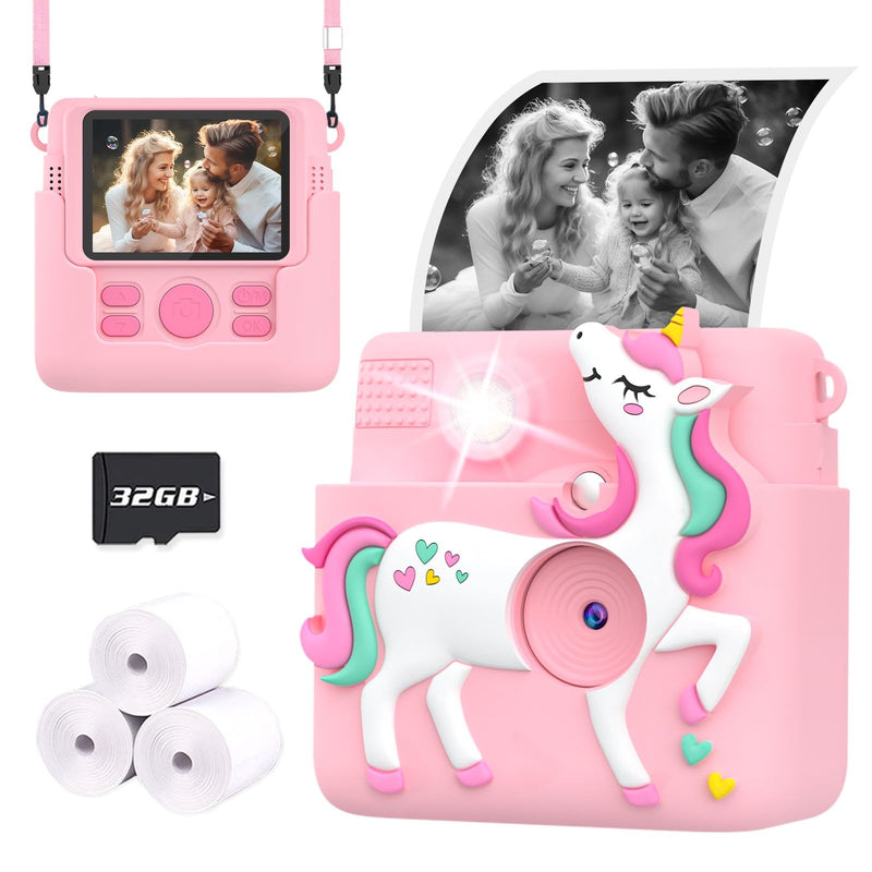 Kids Camera Instant Print, 1080P Cameras for Kids Girls Toys Age 6-8, Christmas Birthday Gift for 7 8 9 10 Year Old Girls, Kids Toys for Girls Age 3-12 with 3 Rolls Paper and a 32G Card-Pink Pink