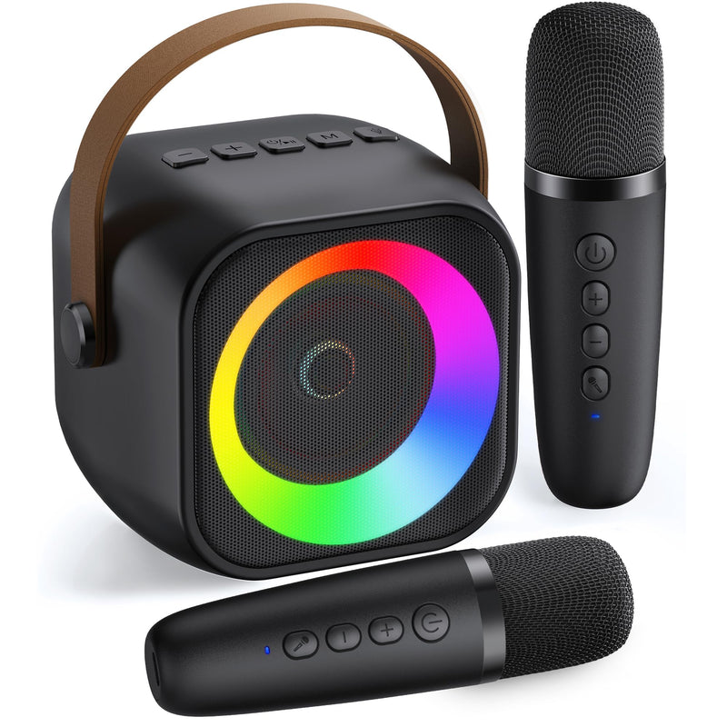 Mini Karaoke Machine, Portable Bluetooth Karaoke Speaker with 2 Wireless Microphones and Party Lights for Kids and Adults, Birthday Gifts for Girls Boys Family Home Party Black 2 Mics