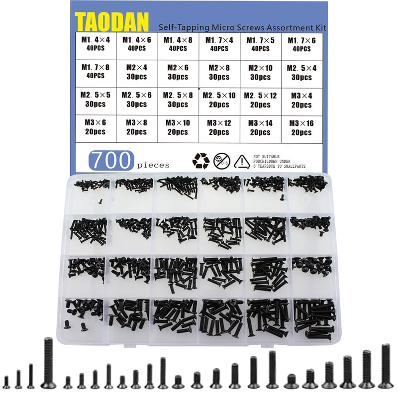 TAODAN 700PCS Self Tapping Electronic Screw Miniature Screw Black Plated Phillips Flathead Screw Set M1.4 M1.7 M2 M2.5 M3 Compatible with Dell and HP Computer