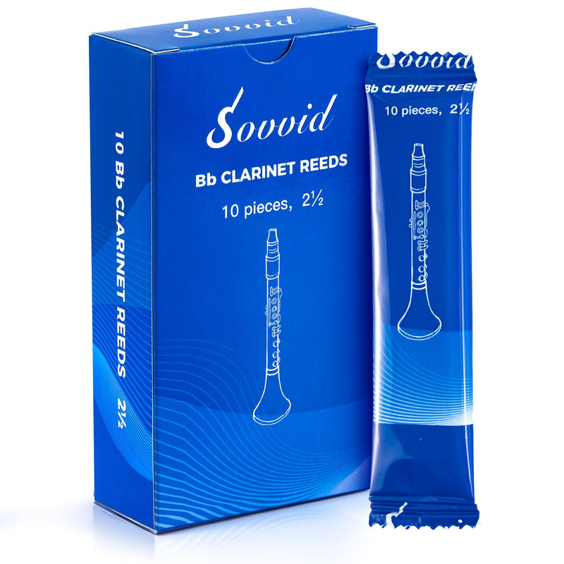 Bb Clarinet Reeds Strength 2.5 with Portable Reed Case, Box of 10, Individually Packaged Reeds for Clarinet, Thinner Vamp Cut for Ease of Play