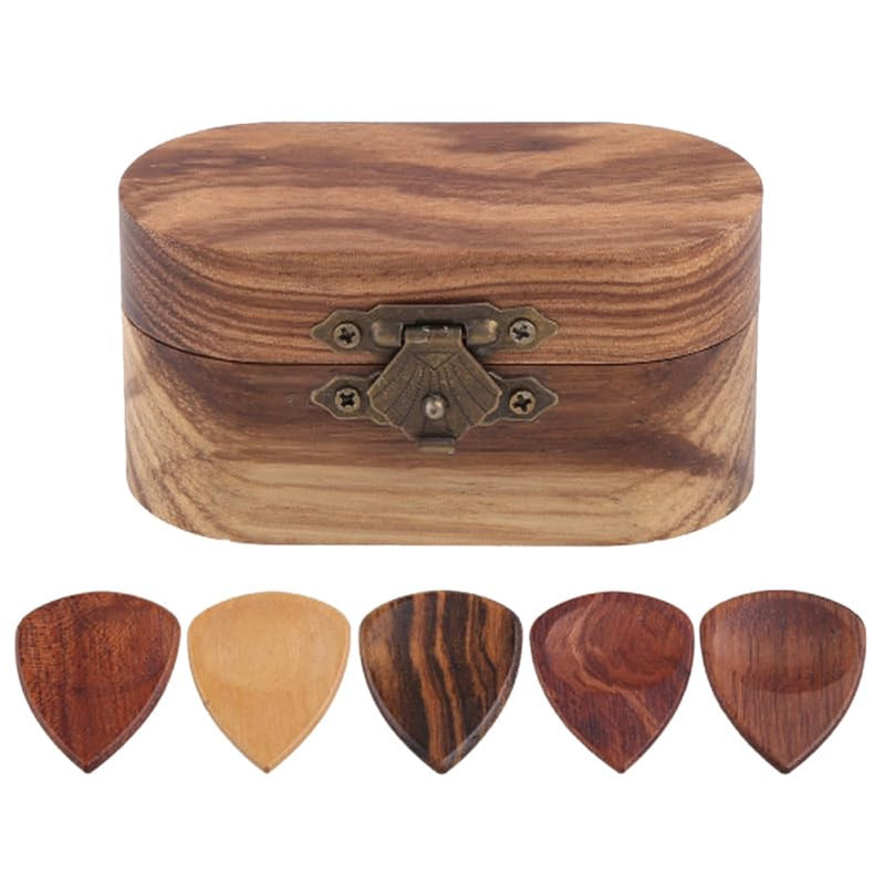 Alasum Pick Storage Box - Elegant Wooden Guitar Holder with 2 Natural Wood Picks Portable and Stylish Case for Guitar Accessories