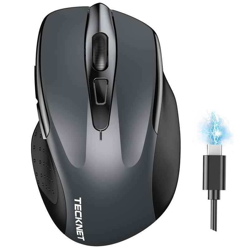 TECKNET Wireless Mouse (BT5.0/3.0 & 2.4G) Rechargeable 4800 DPI Silent Mouse 6 Buttons Bluetooth Mouse, USB A Mouse Wide Compatibility - Grey