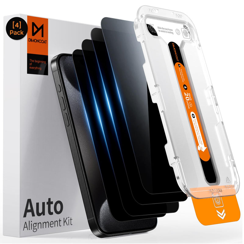 DIMONCOAT 4-PACK for iPhone 15 Pro Max Privacy Screen Protector [Auto Alignment Kit] [10X Military Protection] Compatible iPhone 15 Pro Max 6.7 inch Tempered Glass Film [Case Friendly] iPhone 15 Pro Max-6.7 Inch